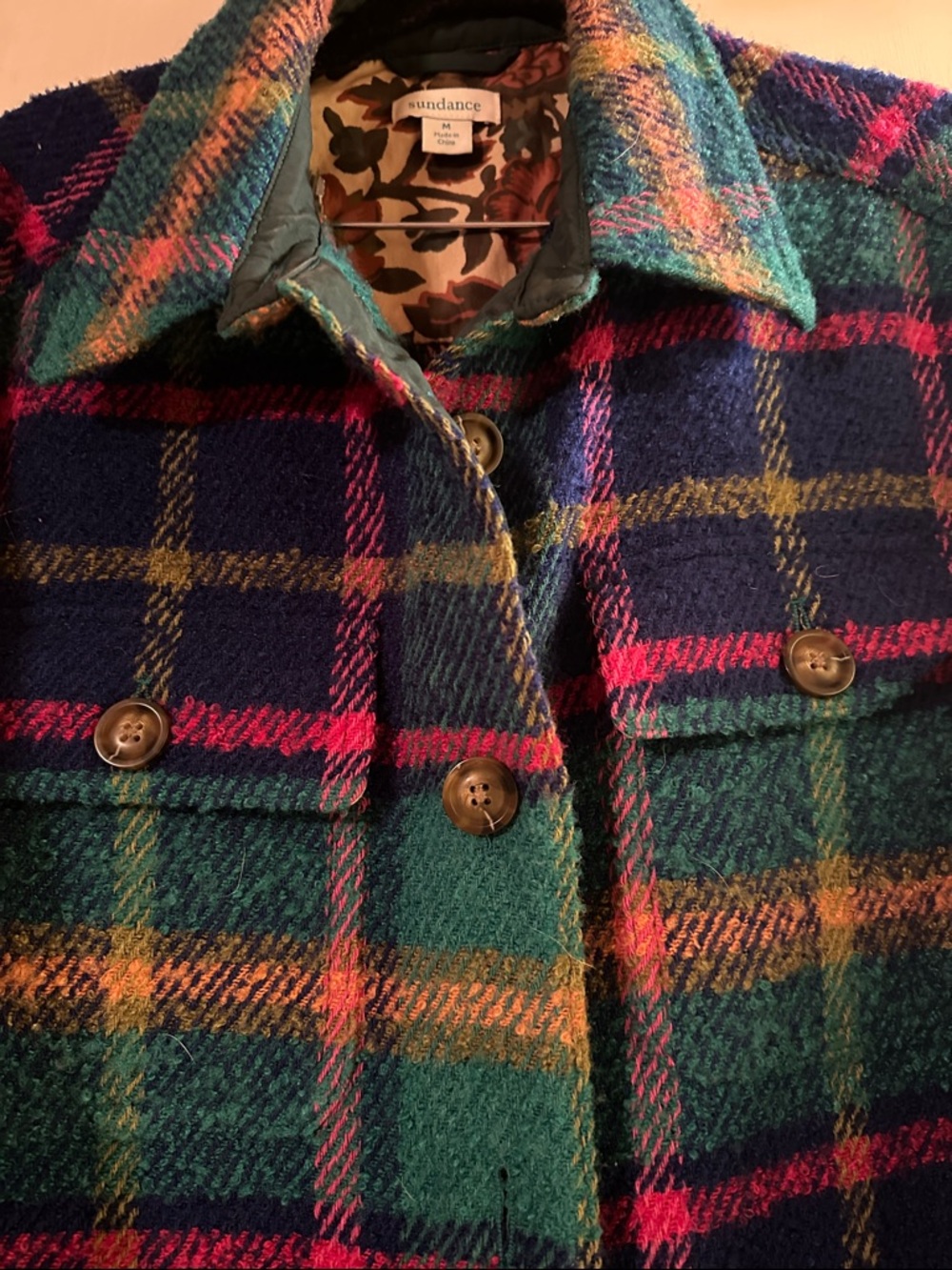 Sundance Teal & Navy Plaid Coat with Tan Quilted Sleeves - Picture 3 of 6